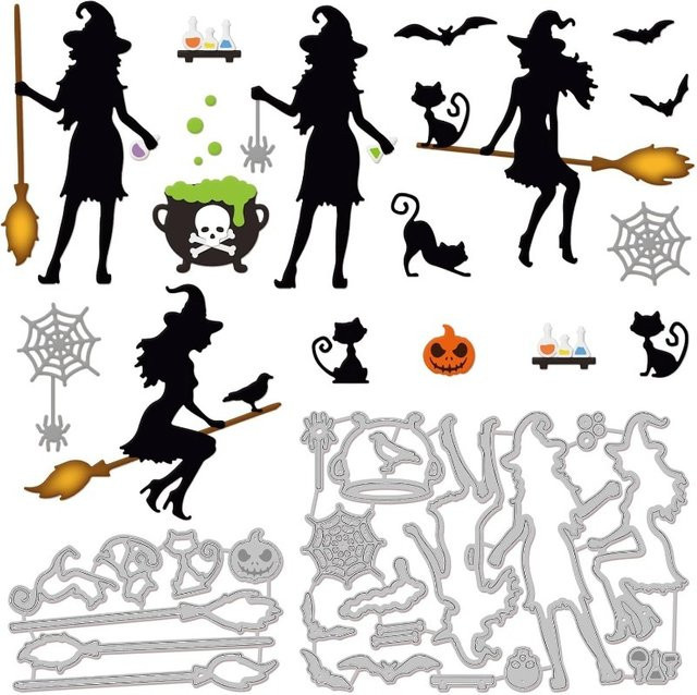 2 Sets mit 23 Halloween Stanzformen aus Metall in Silber für DIY Scrapbooking mit Motiven wie Hexe, Katze, Kürbis, Spinnennetz und Fledermaus - Bild 1