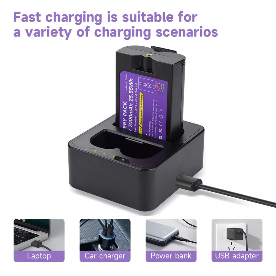 PALO Li-Ionen-Akku 7000 mAh mit Schnellladegerät für Ring Video Doorbell 4 3 Plus 3 und Spotlight Cam Solar, Schwarz - Bild 3
