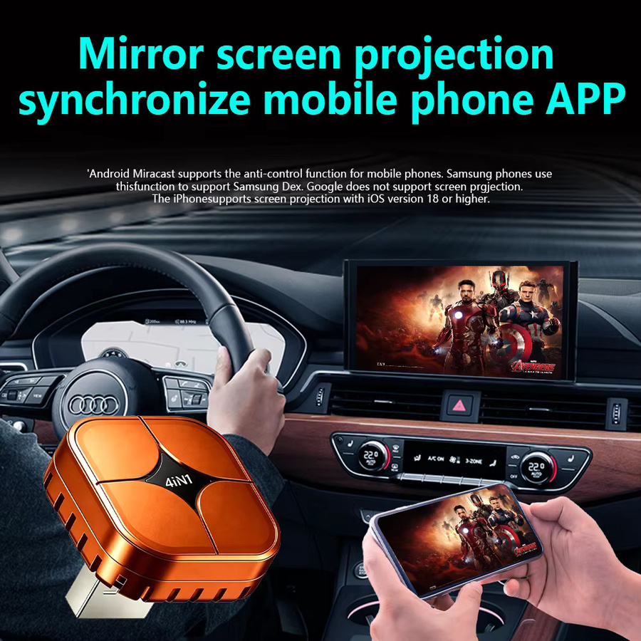 Tripodpie 4-in-1 Carplay Adapter: Kabelloser USB-Adapter für Android Auto und Mirror Link mit Bluetooth und Wi-Fi in Orange - Bild 5