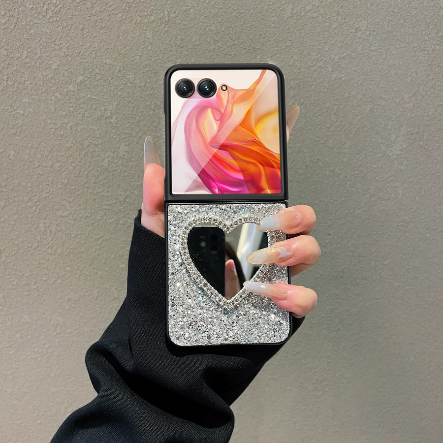 Glitzernde Leder-Handyhülle mit Strasssteinen und Herz-Spiegel für Samsung Galaxy Z Flip (Modelle: 3, 4, 5, 6, 7, 8, FE) in Schwarz - Bild 2