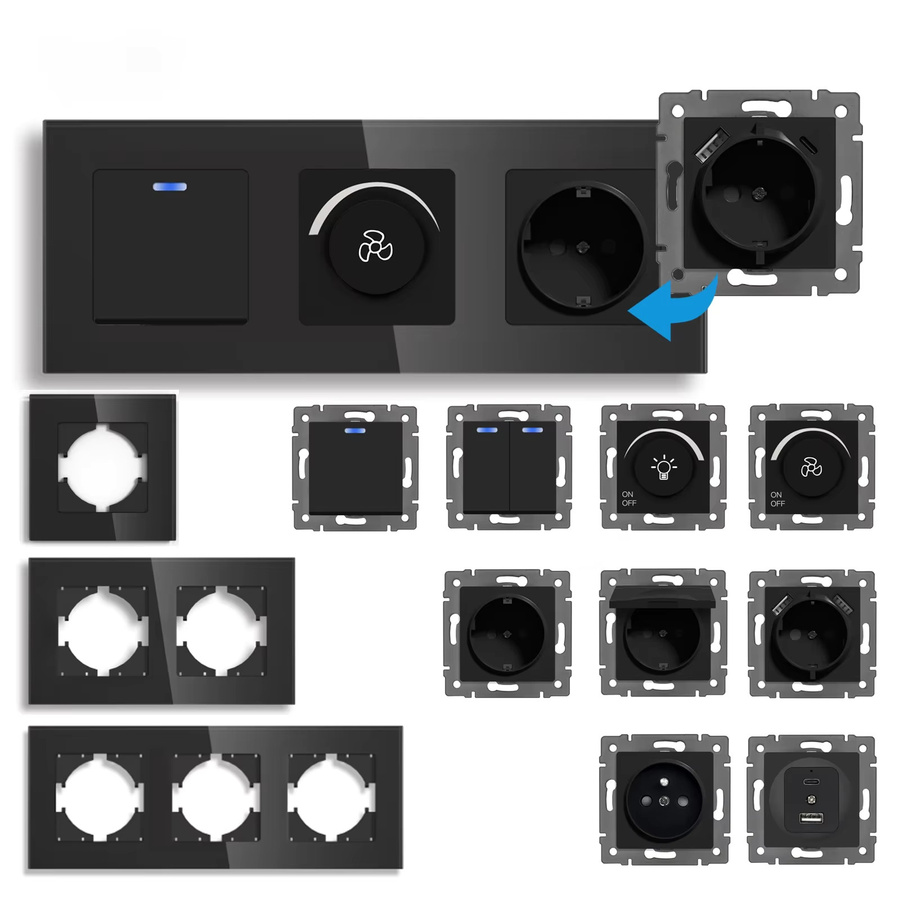 BSEED EU Standard Lichtschalter und Steckdose mit USB Typ-C, Glas Panel in Schwarz, DIY Kombination - Bild 3