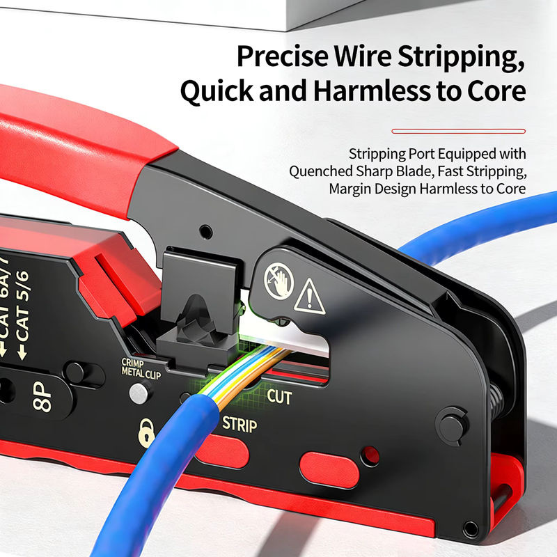 Kebidumei Crimpzange für CAT7 und CAT6 Netzwerkkabel, vertikales Crimpwerkzeug mit Abisolier- und Schneidefunktion für RJ45 8P6P Stecker, Farbe: Rot - Bild 5