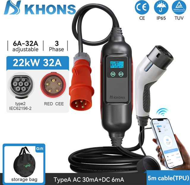Khons Tragbares EV-Ladegerät Typ 2 22 kW 32 A mit WIFI-APP-Steuerung und 5 m Kabel in Schwarz-Rot - Bild 1