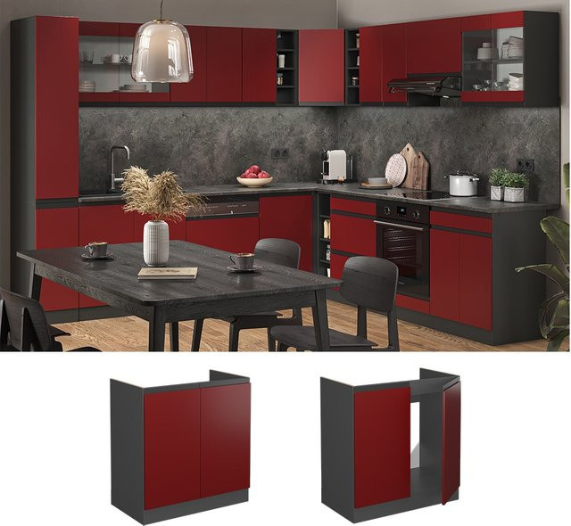 Vicco Spülenunterschrank R-Line J-Shape Küchenschrank in Anthrazit und Rot mit Breite: 80 cm - Bild 1