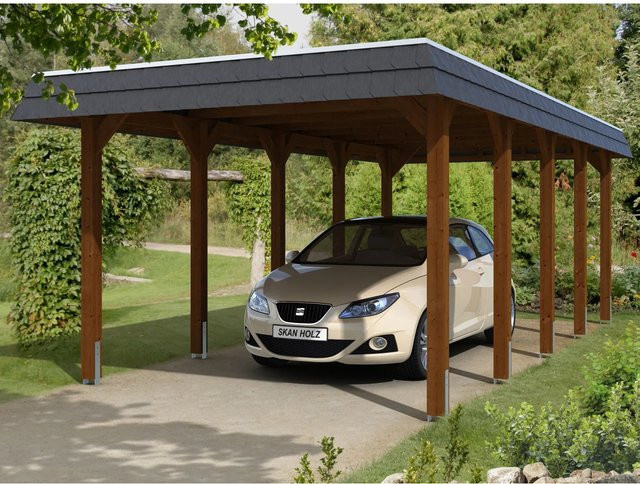 Skan Holz Einzelcarport Spreewald aus Nussbaumholz in Braun mit Aluminiumplatten B/T: 345 x 741 cm und einer Firsthöhe von 241 cm - Bild 1