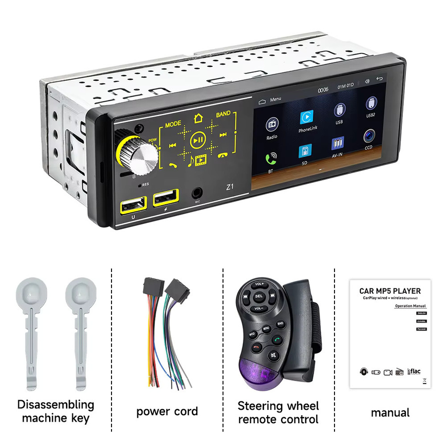 BQCC 1DIN Autoradio mit Carplay und Android Auto, 4,1 Zoll MP5-Player mit Bluetooth 5.1, USB-A und FM, Schwarz - Bild 5