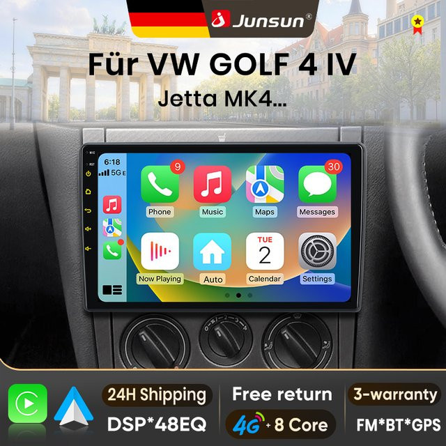 Junsun Android 15 Autoradio für VW Volkswagen Golf 4 Jetta MK4 1997-2003 mit 9 Zoll IPS-Bildschirm, kabelloses Apple CarPlay, Stereo-Multimedia-Videoplayer in Schwarz - Bild 1
