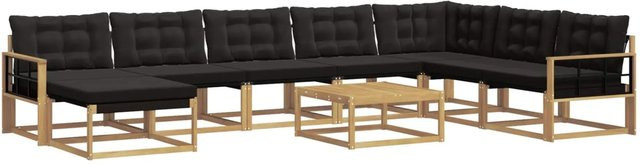 vidaXL Outdoor-Sofagarnitur 9-teilig aus Massivholz Akazie in Weiß, Schwarz und Braun mit Textilene und Polsterkissen - Bild 1