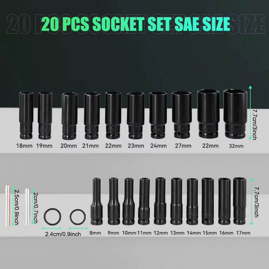 Podofo 20-teiliges Schlagschrauber-Steckschlüssel-Set aus Chrom-Vanadium-Stahl in Silber, 1/2 Zoll, 8-32mm mit Aufbewahrungsbox - Bild 2