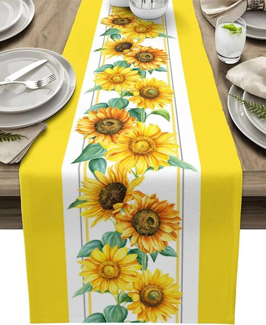 JINGYUE Pet Tischläufer aus Leinen mit Sonnenblumen-Design in Weiß und Gelb, B/H: 150 x 33 cm - Bild 1