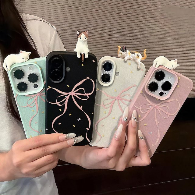 Stoßfeste iPhone Schutzhülle mit süßem 3D-Katzen-Design und Schleifenband für verschiedene iPhone Modelle - Bild 1