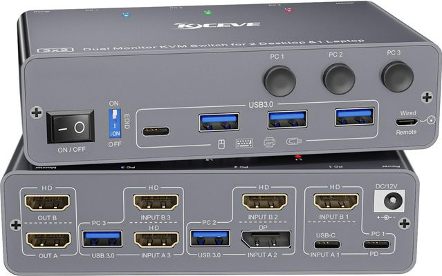 KCEVE KVM-Switch für 3 Computer und 2 Monitore mit HDMI, DisplayPort, USB-C und 4 USB 3.0 Anschlüssen zur Steuerung von Tastatur und Maus - Bild 1