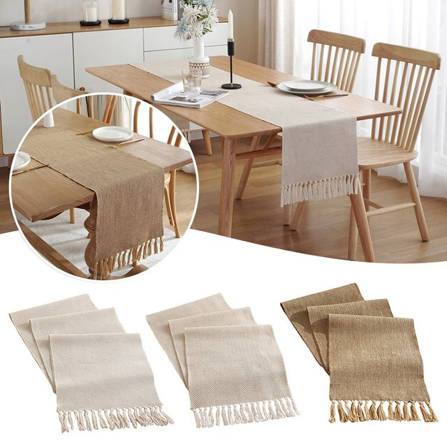Vintage Tischläufer aus Baumwolle und Leinen in Beige, rechteckig, B/T/H: 160 x 33 cm - Bild 1