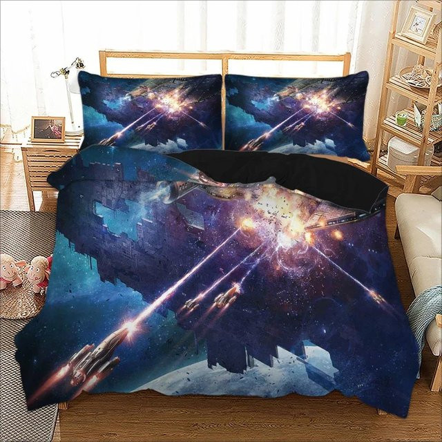 Bettwäsche mit Weltraum-Motiv von Practical Home Decor für Kinder, Astronauten und Planeten in Blau, B/H: 172 x 218 cm - Bild 1