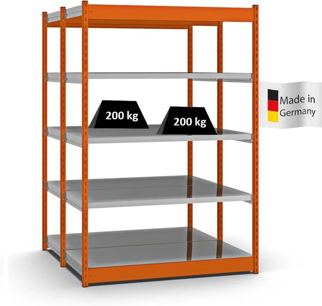 PROREGAL Fachbodenregal Stecksystem mit Vierkant-Profil, doppelseitige Bauart, 2x5 Ebenen, Fachlast 200 kg, Farbe: Orange, H x B x T: 200 x 132,5 x 60 cm - Bild 1