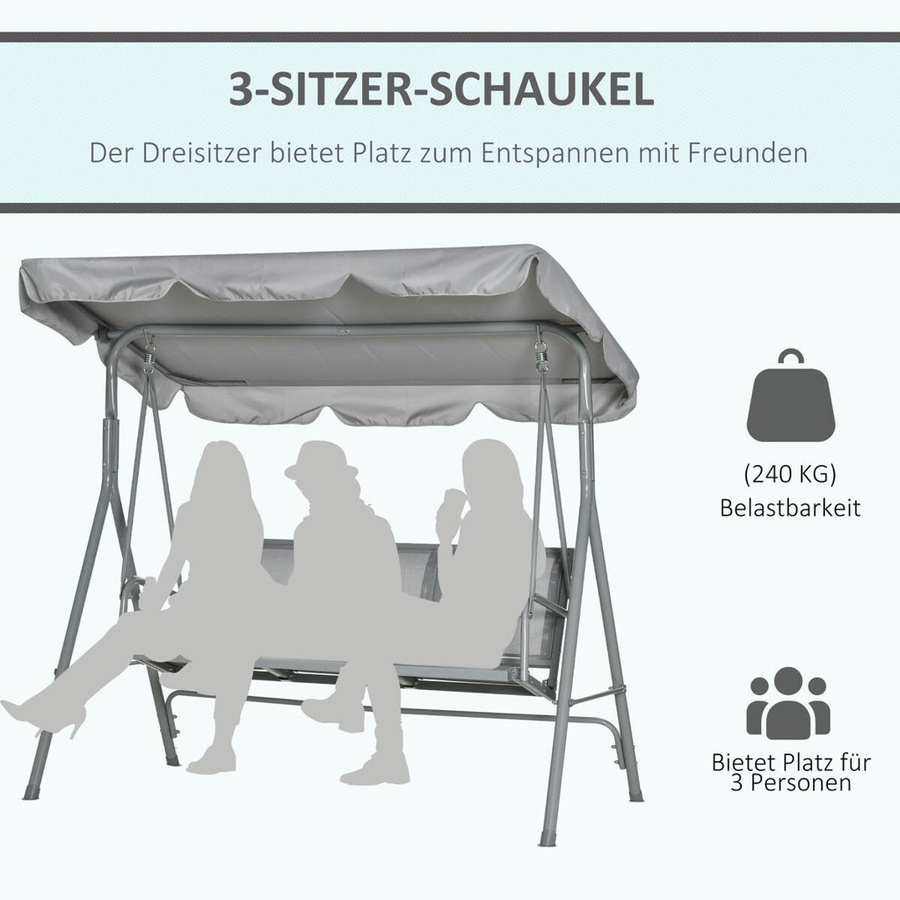 Outsunny 3-Sitzer Hollywoodschaukel aus Metall mit Sonnendach in Grau und Silber, B/T/H: 170 x 110 x 153 cm - Bild 2