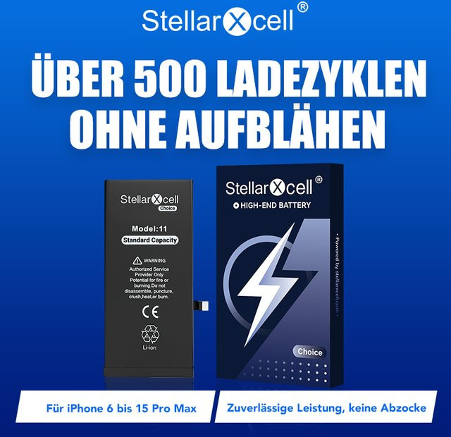 StellarXcell Choice Akku für iPhone 11 12 13 14 15 mini Plus Pro Max in Schwarz mit Standard-Kapazität und Standard-Qualität - Bild 1