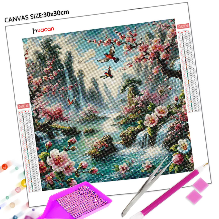 Huacan Rundes Diamantgemälde Landschaft mit Wasserfall und Blumen in Mehrfarbig, Durchmesser: 20 cm - Bild 2