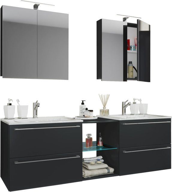 VCM Badmöbel Set Badinos XXL 3-tlg. Doppel-Waschplatz mit Keramik-Waschbecken, Spiegelschränken und Unterschrank, Breite: 195 cm - Bild 1