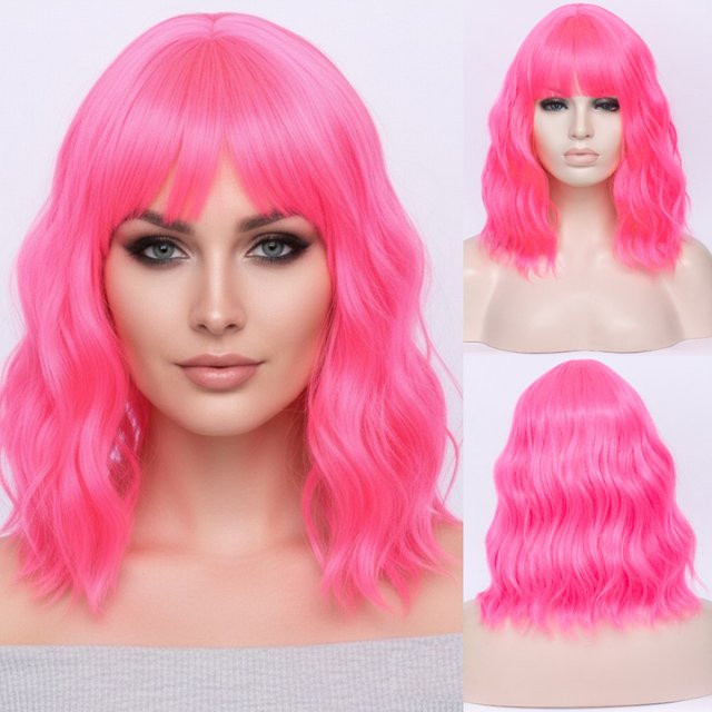 MSIWIGS Bob-Perücke mit Pony, gewellt, rosa, Damen, 30,5 cm - Bild 1