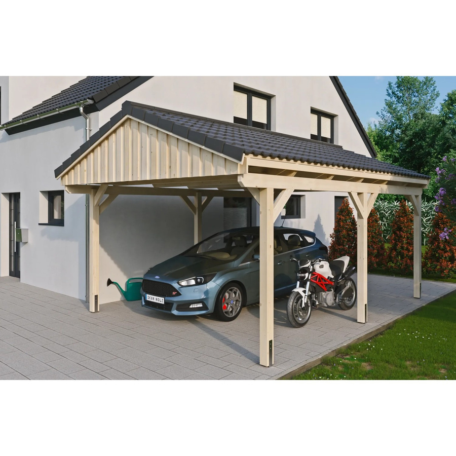 Skan Holz Carport Fichtelberg aus Fichte Leimholz in Beige mit spitzer Dachform, B/T: 423 x 566 cm, Höhe: 326 cm - Bild 2