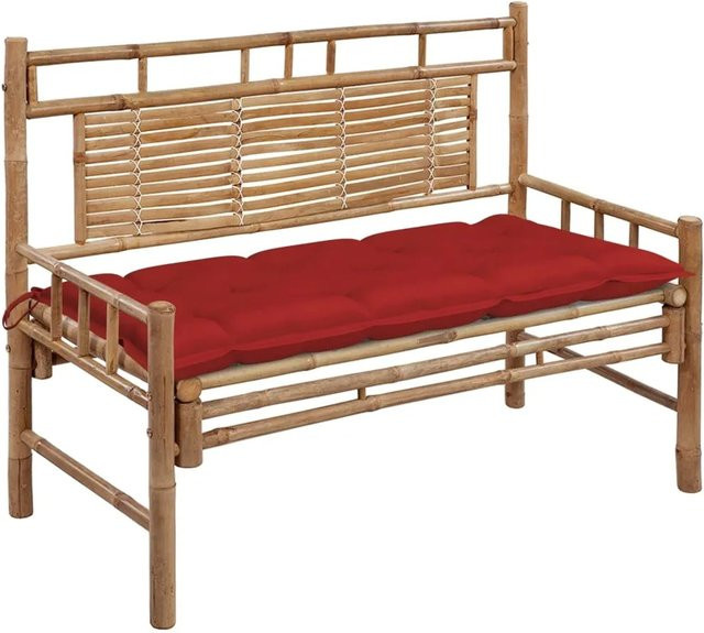 furnicato Gartenbank aus Bambus mit roten Auflagen, Breite: 120 cm - Bild 1