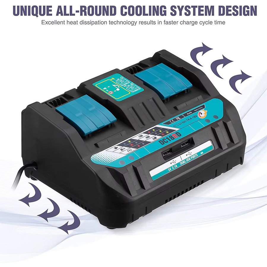 Makita Dual Ports Ladegerät 18V DC18RD für Lithium-Ionen Akkus 14,4V-18V in Schwarz - Bild 2