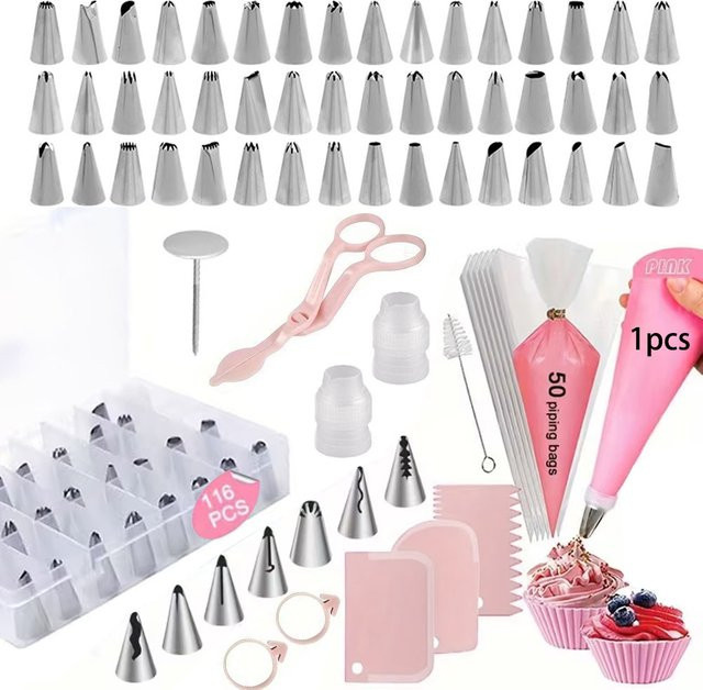 XMSJ 116-teiliges Kuchendekorations-Set in Pink mit Aufbewahrungsbox und Spritzbeuteln aus Edelstahl für Anfänger - Bild 1