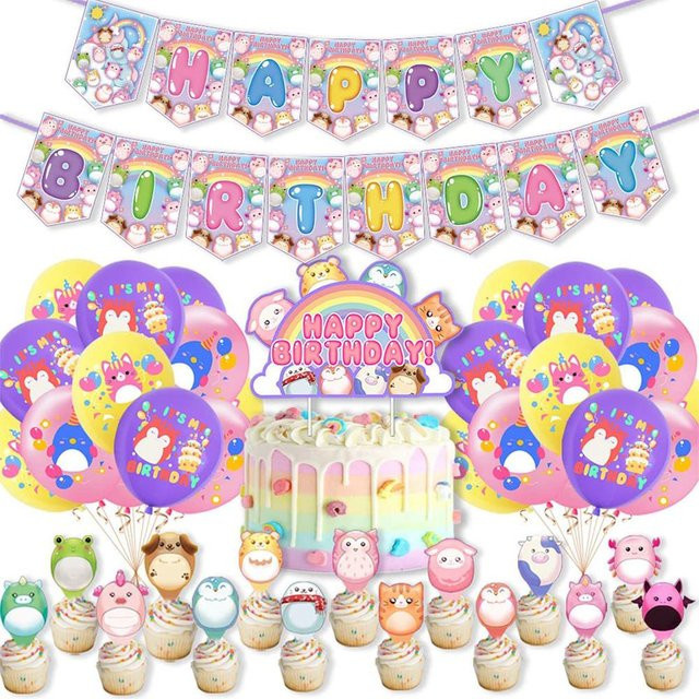 Skyfree Squish Mallows Partydekoration Set mit 37 Teilen in Pink und Multicolour inklusive Cake Toppers, Banner und Ballons für deinen Geburtstag - Bild 1