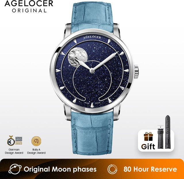 AGELOCER Analoguhr, Blue Aventurin, Mondphase, Edelstahl, Silber, Leder, Herren - Bild 1