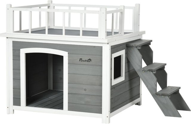 PawHut Hundehütte aus Tannenholz mit Balkon, Treppe und Fenster in Hellgrau, B/H/T: 77 x 121 x 78 cm - Bild 1