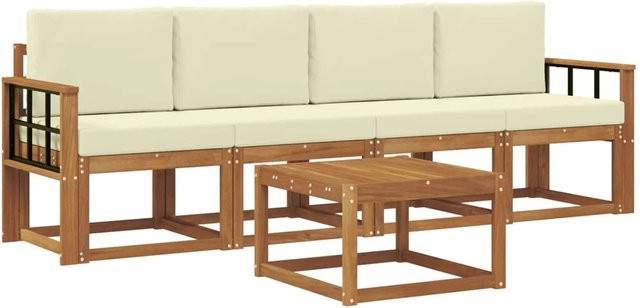 vidaXL Outdoor-Sofagarnitur aus Massivholz Akazie in Natur und Creme mit 5 Teilen und Polsterkissen - Bild 1