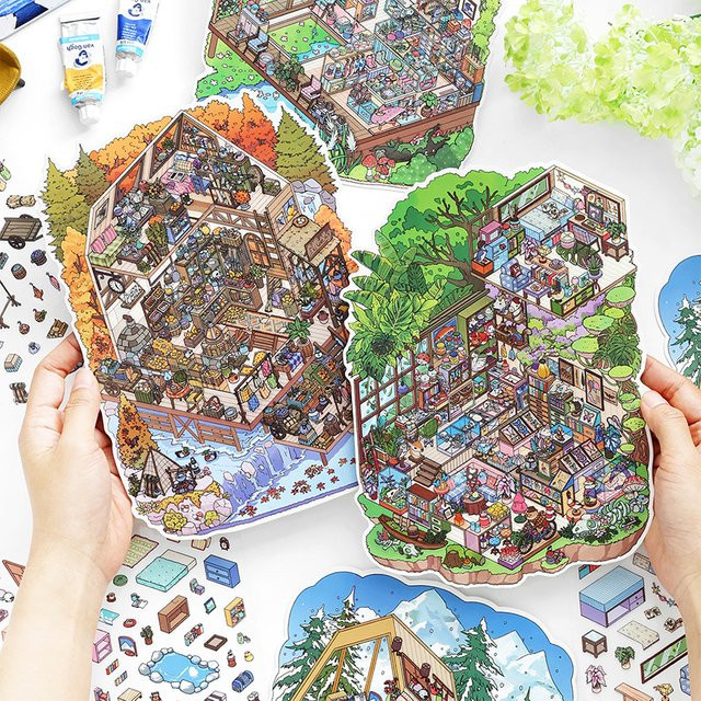 Mr.Paper Corner Series 2.5D Diorama-Aufkleber Set, 4 Packungen Landschaftsaufkleber aus PET und weißem Karton für dein Journal DIY Scrapbook, Mehrfarbig - Bild 1