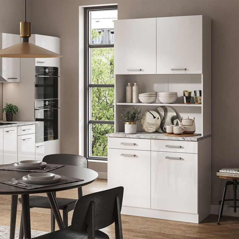 Vicco R-Line Küchenzeile Weiß Hochglanz mit Marmor Arbeitsplatte, Breite: 100 cm, Höhe: 206 cm, Tiefe: 60 cm - Bild 2