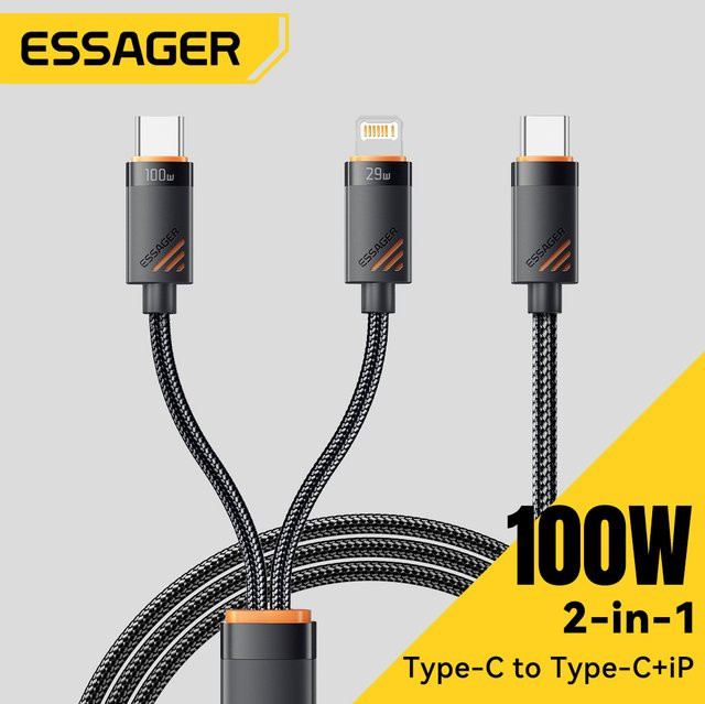 ESSAG 2-in-1 USB-C auf USB-C und Lightning Schnellladekabel mit 100 W PD, Schwarz - Bild 1