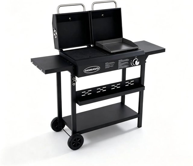 HOMAVO Kombigrill als Gasgrill und Holzkohlegrill in Schwarz inklusive wasserfester Grillabdeckung - Bild 1