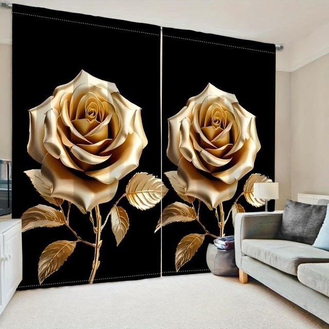 2er Set Yiran Furniture Vorhänge mit floralem Digitaldruck in Gold und Schwarz, halbtransparent, B: 100 cm, H: 130 cm - Bild 1