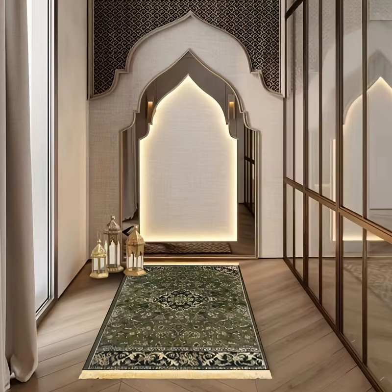 VIKAMA Gebetsteppich im persischen Stil mit floralem Muster in Grün und Gold, faltbare islamische Matte für dein Schlafzimmer - Bild 3