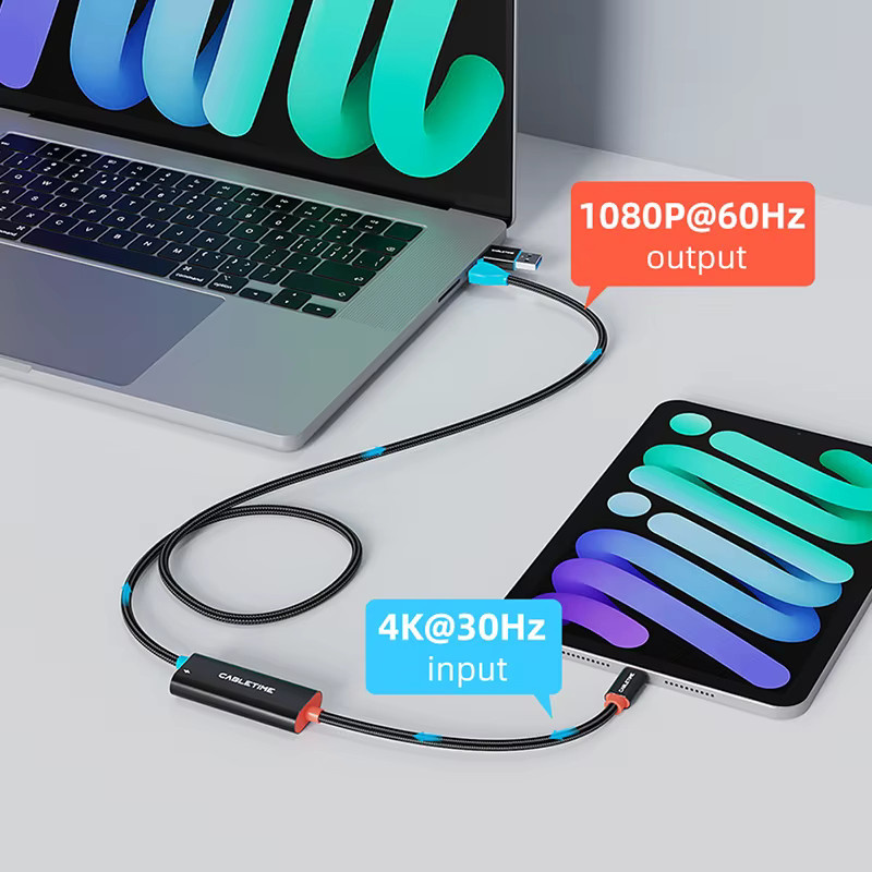 CABLETIME 2-in-1 USB-C und USB-A Videoaufnahmekarte in Schwarz mit 100W PD, 1080P@60Hz Full HD und 5Gbps für Tablet, Laptop und Nintendo Switch - Bild 4