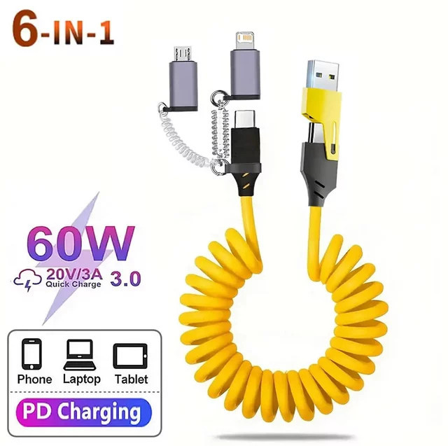 3-in-1 PD Schnellladekabel Teleskop-Spiralkabel Gelb mit USB-A zu USB-C, Lightning und Micro-USB - Bild 1