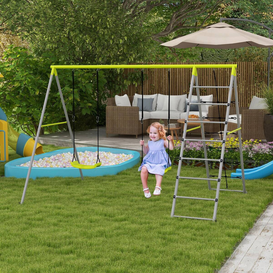 Outsunny Kinderschaukel-Set mit Doppelschaukel, Kletternetz und Sprossenleiter in Grün, B/H/L: 185 x 260 x 180 cm - Bild 2