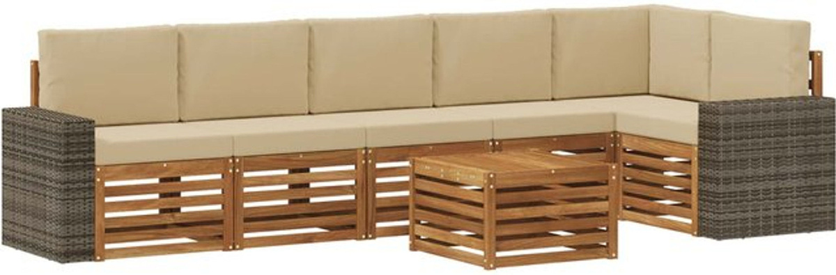 vidaXL Ecksofa Set aus Massivholz Akazie und Polyrattan mit 7 Kissen in Natur und Beige - Bild 1