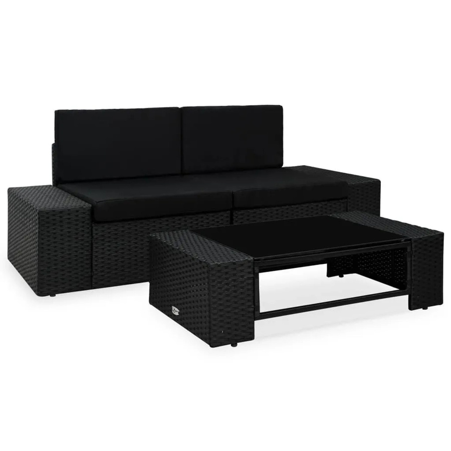 vidaXL 3-tlg Garten-Lounge-Set aus Poly-Rattan in Schwarz mit Polsterung und Couchtisch - Bild 2