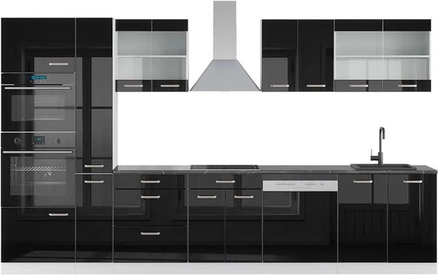 Vicco R-Line Küchenzeile in Schwarz Hochglanz und Weiß mit Hochschrank in Anthrazit, Breite: 350 cm - Bild 1