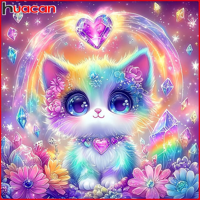 Huacan Volldiamantgemälde mit Katze und Blumen als Diamantmosaik in Mehrfarbig mit runden Steinen, Breite: 20,0 cm, Höhe: 20,0 cm - Bild 1