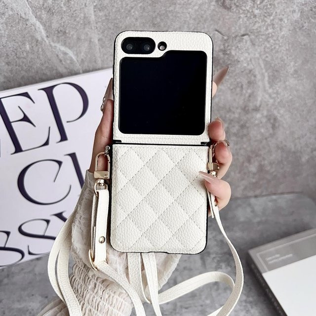 Samsung Galaxy Z Flip 7 6 5 4 Crossbody Handyhülle mit Schulter Lanyard aus PU Leder in Weiß - Bild 1