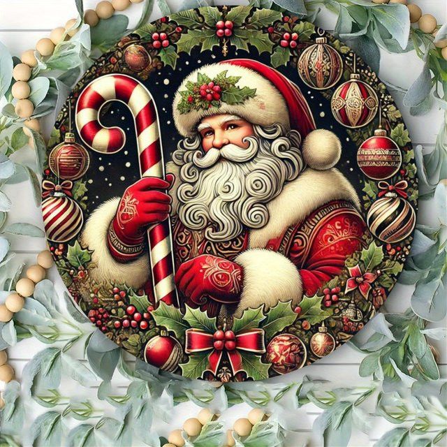 Potdemiel Weihnachtsmann Wanddekoration aus Metall, rundes Blechschild mit Kranz in Multicolor, Durchmesser: 20 cm - Bild 1