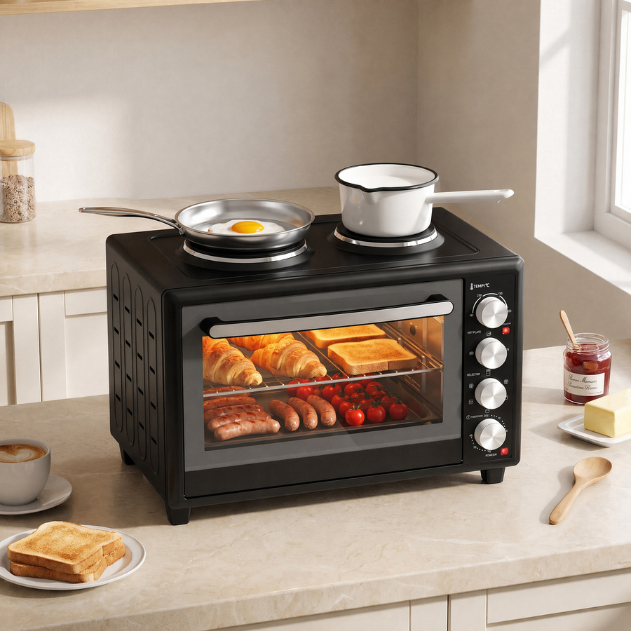 HOMCOM Mini-Backofen mit Umluft und 2 Kochplatten, 36l, 1500 W, Schwarz - Bild 2