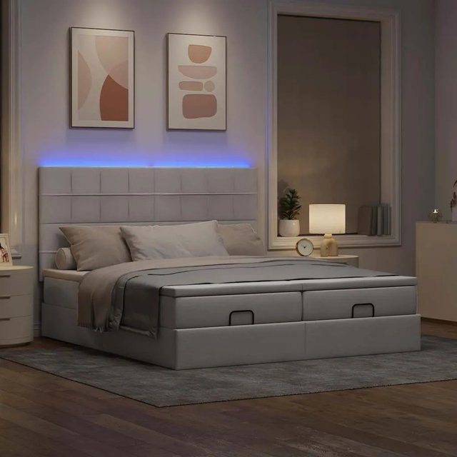 vidaXL Ottoman-Bett mit Matratze, LED-Unterbettbeleuchtung und USB-Ladeanschluss, Stoff, Taupe, B/T: 200 x 200 cm - Bild 1