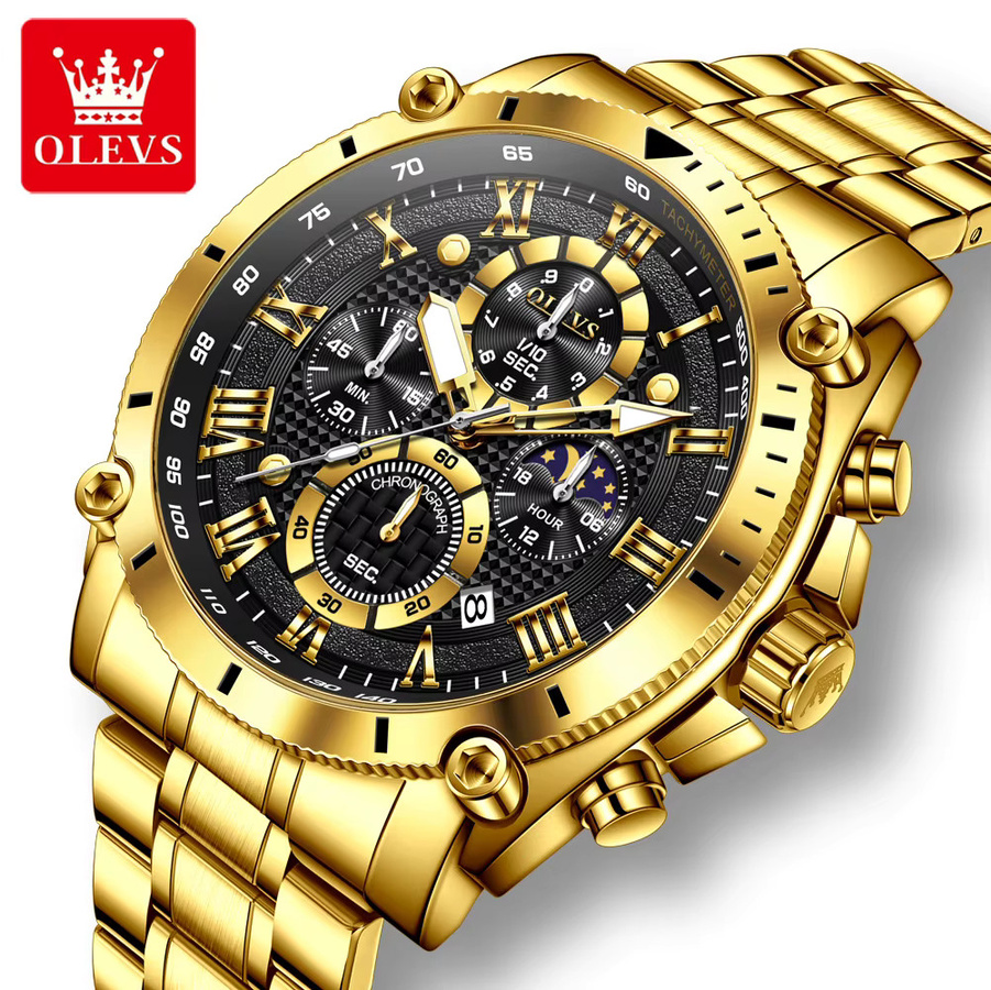OLEVS Armbanduhr, Quarz, Edelstahl, Gold, Blau, Herren - Bild 3